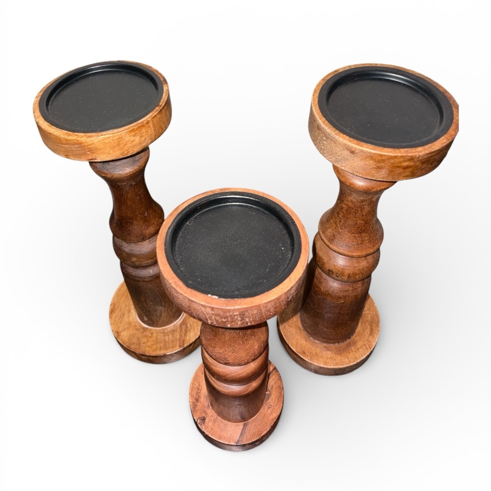 Set of 3 Wooden Pillar Candle Holders Decorative Brown Natural Finish decor - Picture 3 of 7